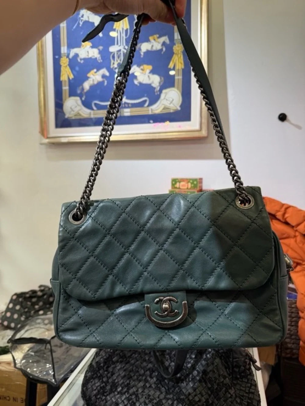 CHANEL Quilted Shoulder Bag in Teal Green with Silver-Tone Chain